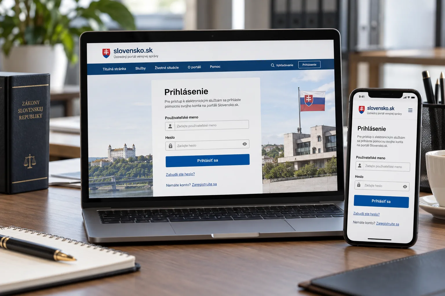 Notebook a mobil s prihlasovacou stránkou portálu