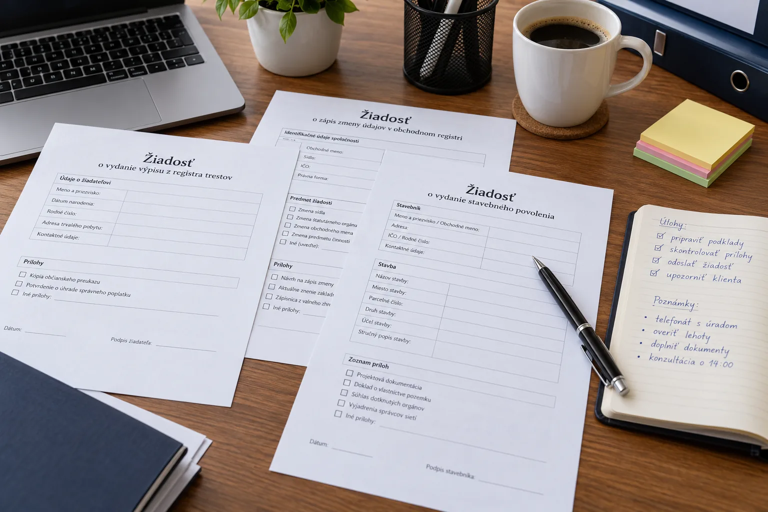 Pracovný stôl s tromi vytlačenými žiadosťami, notebookom, kávou a zápisníkom